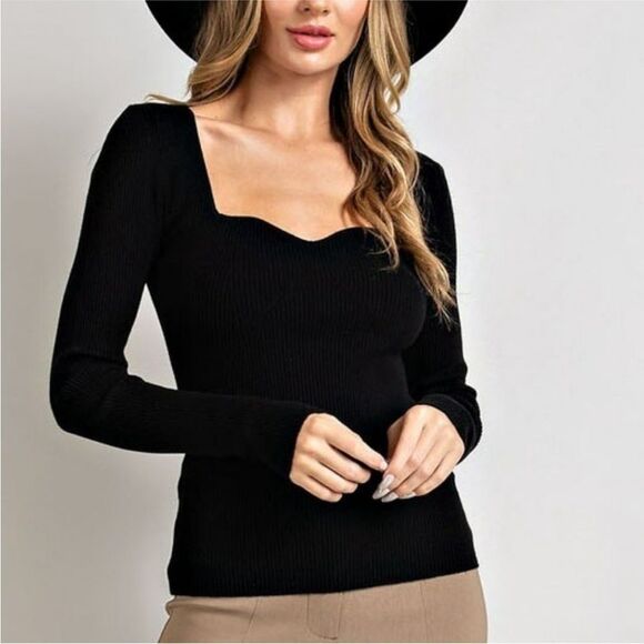 EESOME | NEW Sweetheart Ribbed Knit Black Long Sleeve Top Women’s Size Large - Picture 2 of 11
